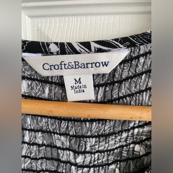 Croft & Borrow XL Scoop Neck Black/White Lightweight Midi Paisley Smocked Dress - Picture 3 of 6